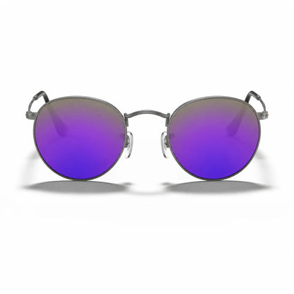 Ray-Ban Round Metal RB3447 replacement lenses in mirrored purple, front view of the frame with the lenses · ReFramed