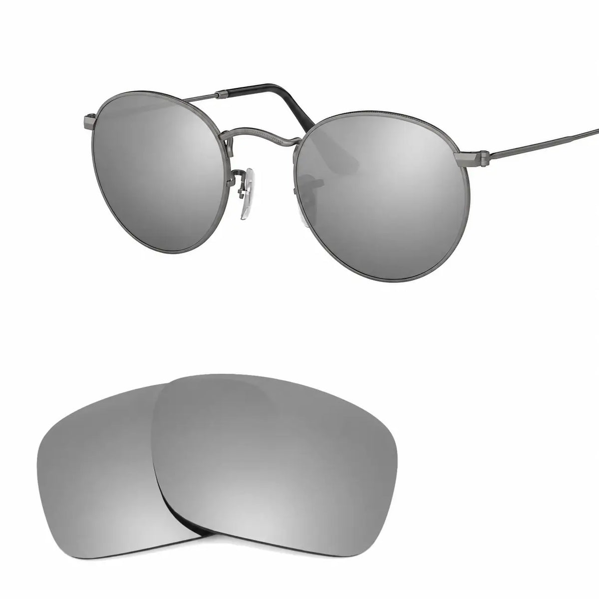 Ray-Ban Round Metal RB3447 replacement lenses in mirrored silver, angled view of the frame with the lens pair · ReFramed