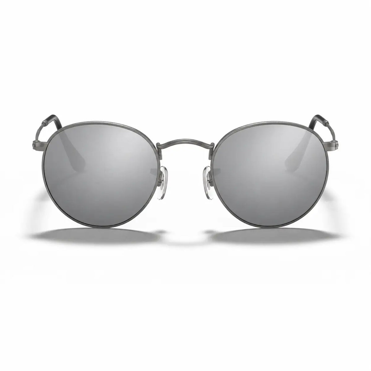 Ray-Ban Round Metal RB3447 replacement lenses in mirrored silver, front view of the frame with the lenses · ReFramed