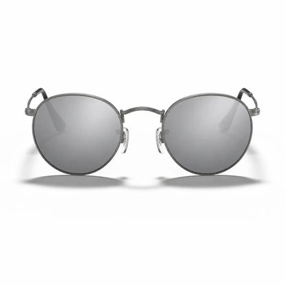 Ray-Ban Round Metal RB3447 replacement lenses in mirrored silver, front view of the frame with the lenses · ReFramed