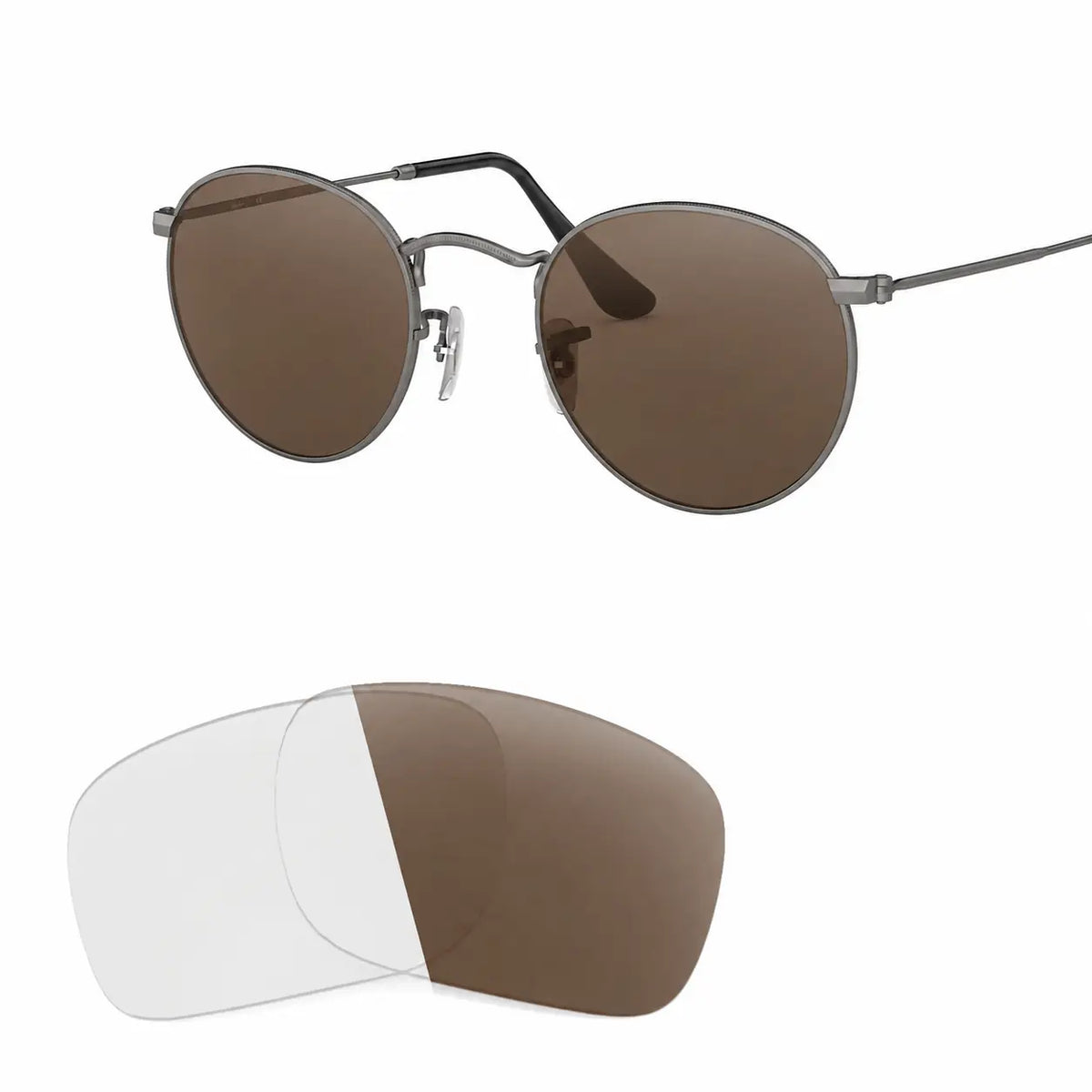 Ray-Ban Round Metal RB3447 replacement lenses in photochromic brown, angled view of the frame with the lens pair · ReFramed