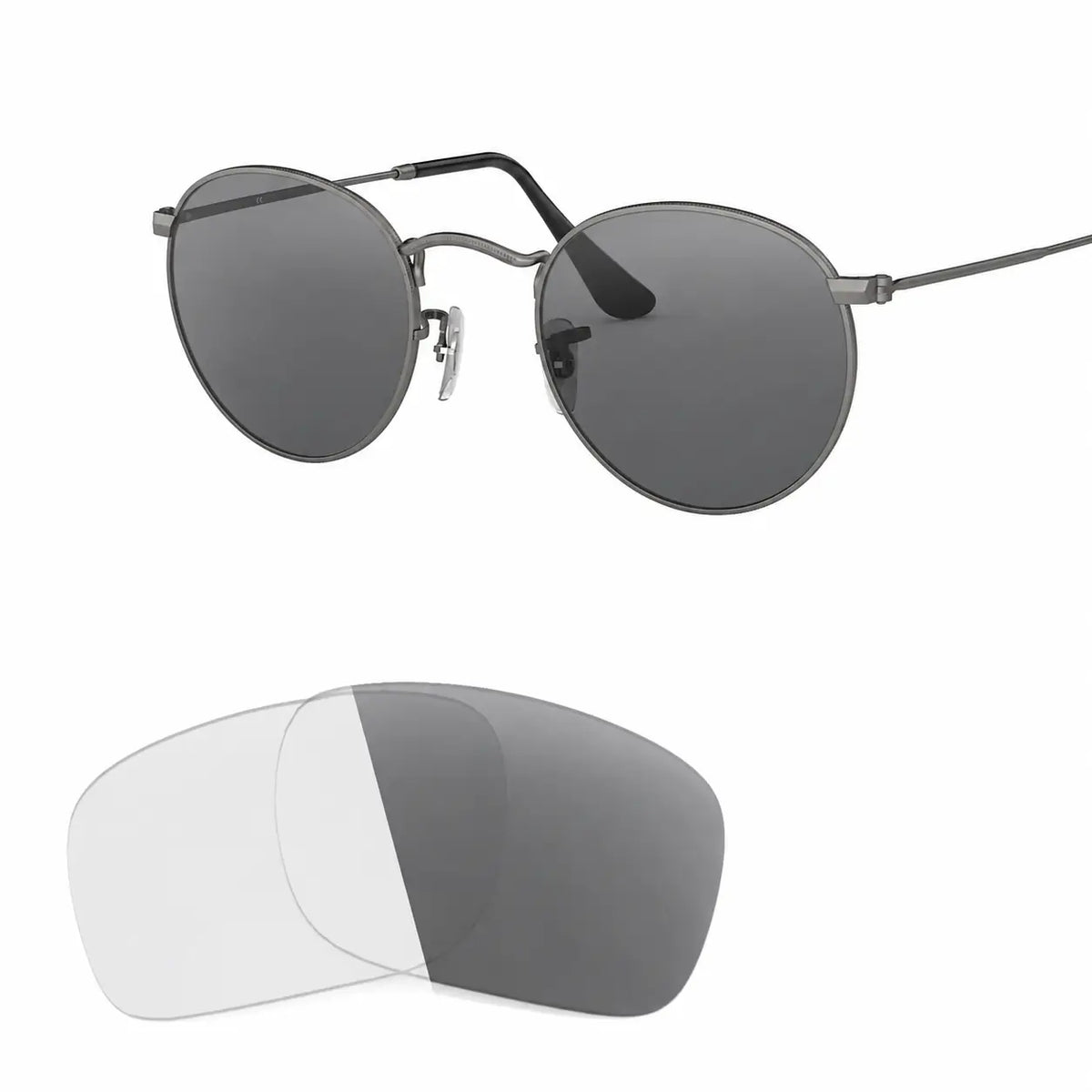 Ray-Ban Round Metal RB3447 replacement lenses in photochromic gray, angled view of the frame with the lens pair · ReFramed