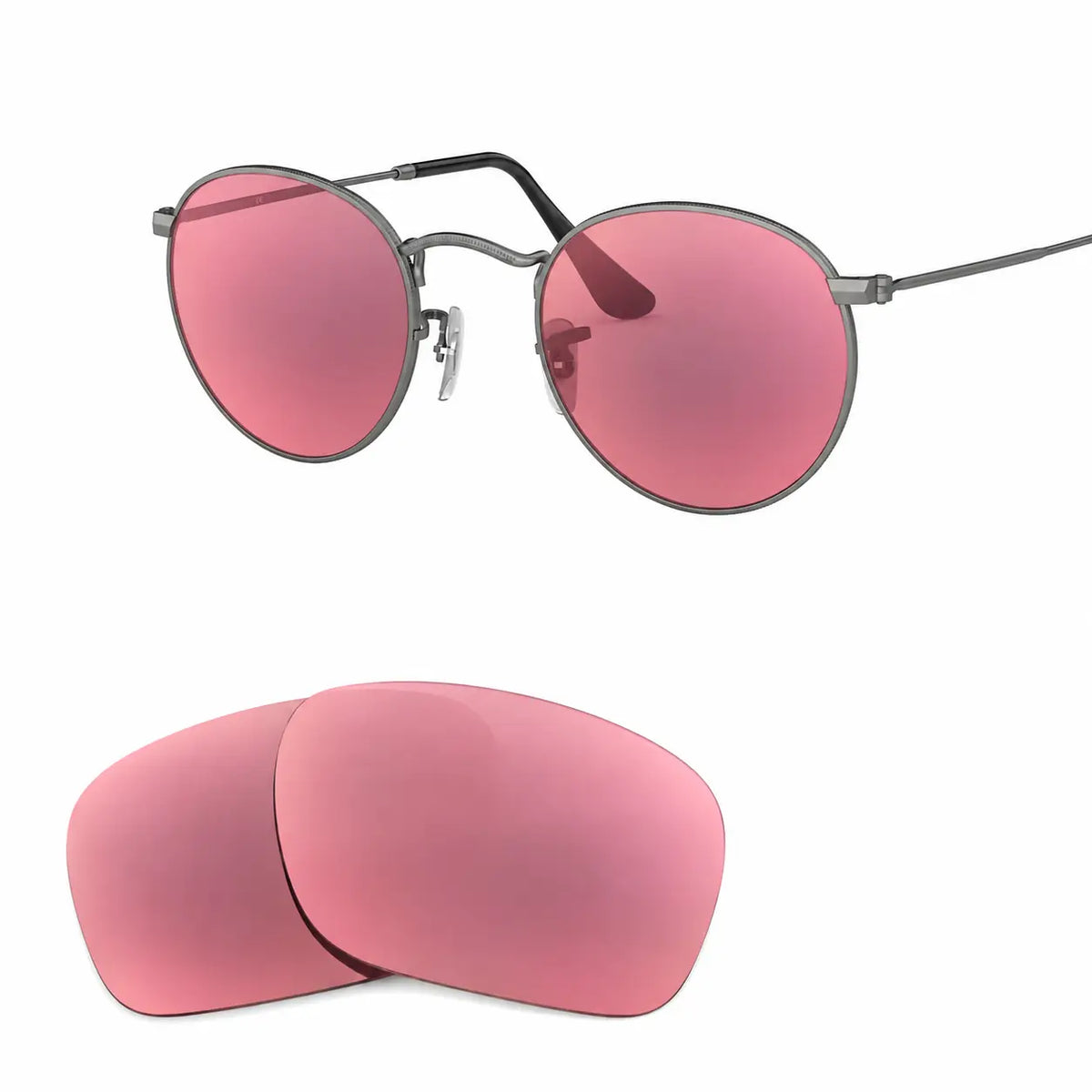 Ray-Ban Round Metal RB3447 replacement lenses in pink, angled view of the frame with the pair of lenses below · ReFramed