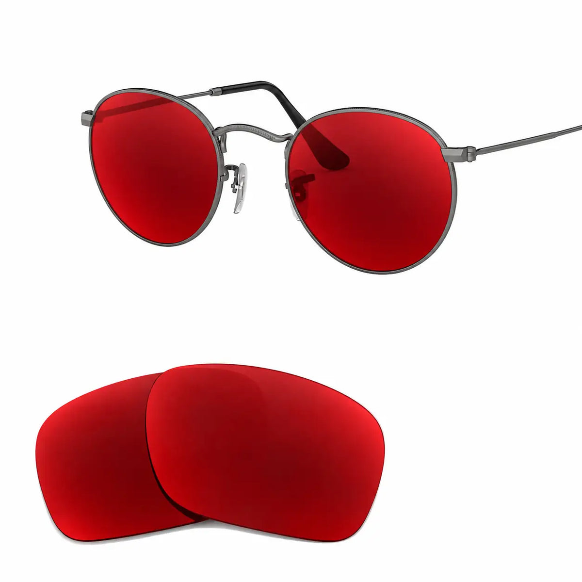 Ray-Ban Round Metal RB3447 replacement lenses in red, angled view of the frame with the pair of lenses below · ReFramed