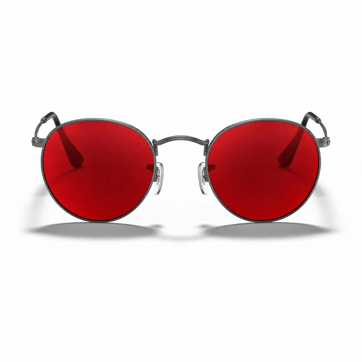 Ray-Ban Round Metal RB3447 replacement lenses in red, front view of the frame fitted with the new lenses · ReFramed