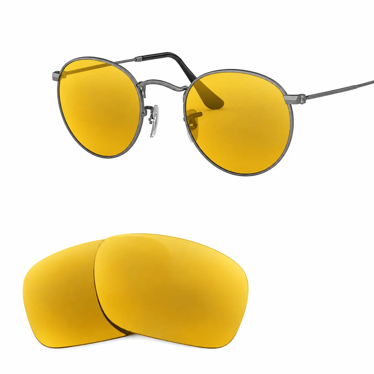 Ray-Ban Round Metal RB3447 replacement lenses in yellow, angled view of the frame with the pair of lenses below · ReFramed