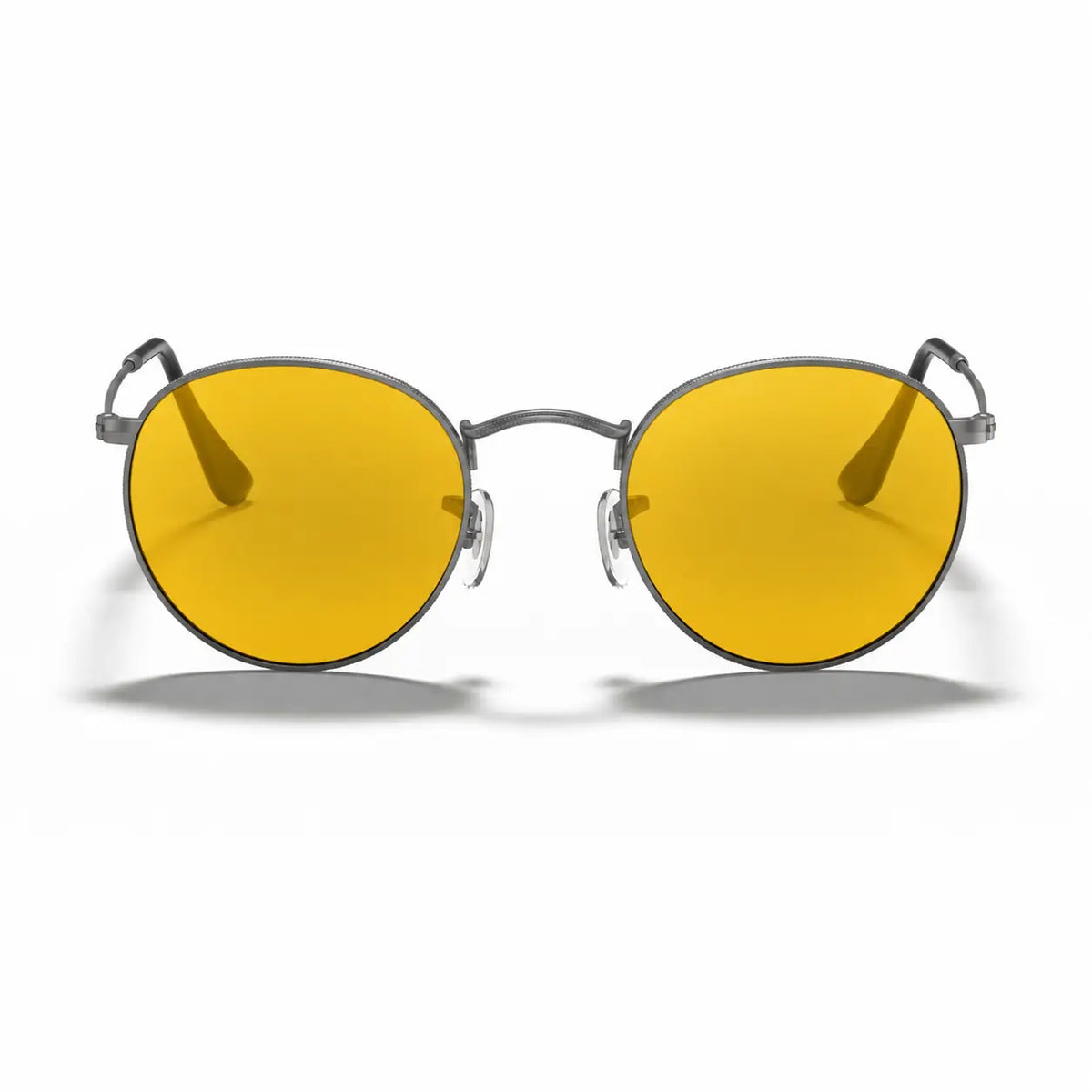 Ray-Ban Round Metal RB3447 replacement lenses in yellow, front view of the frame fitted with the new lenses · ReFramed
