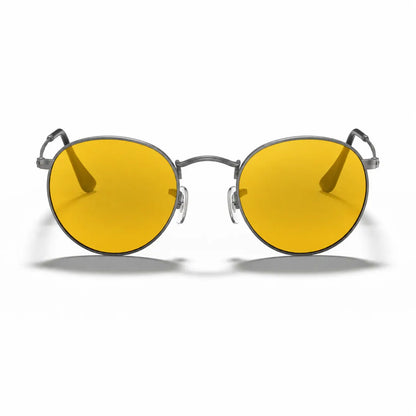 Ray-Ban Round Metal RB3447 replacement lenses in yellow, front view of the frame fitted with the new lenses · ReFramed