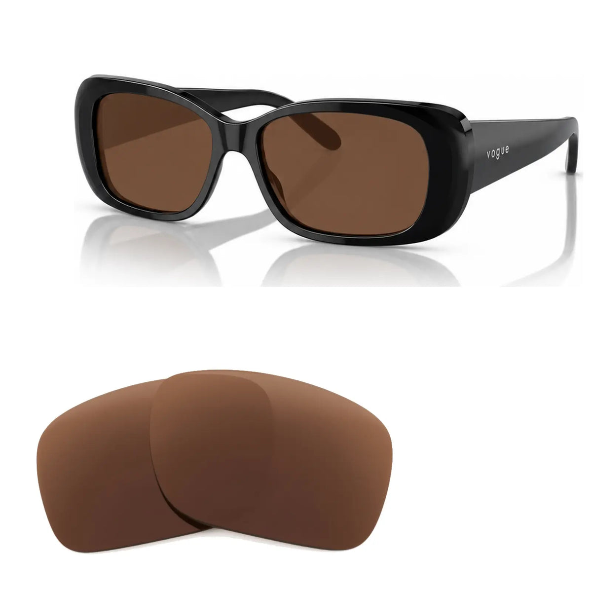 Vogue VO2606S replacement lenses in brown, angled view of the frame with the pair of lenses below · ReFramed
