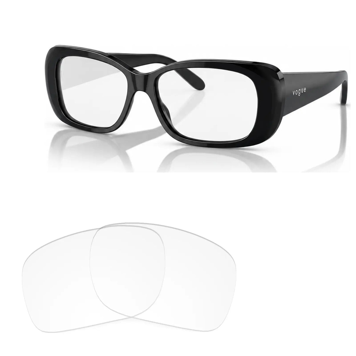 Vogue VO2606S replacement lenses in crystal clear, angled view of the frame with the pair of lenses below · ReFramed