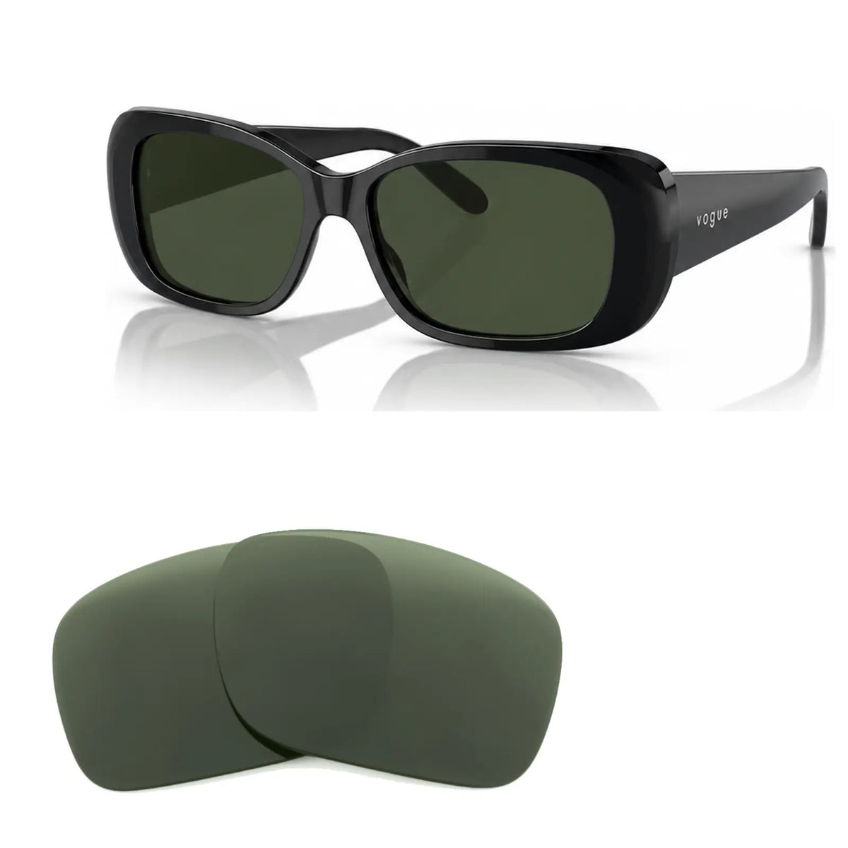 Vogue VO2606S replacement lenses in G15 green, angled view of the frame with the pair of lenses below · ReFramed