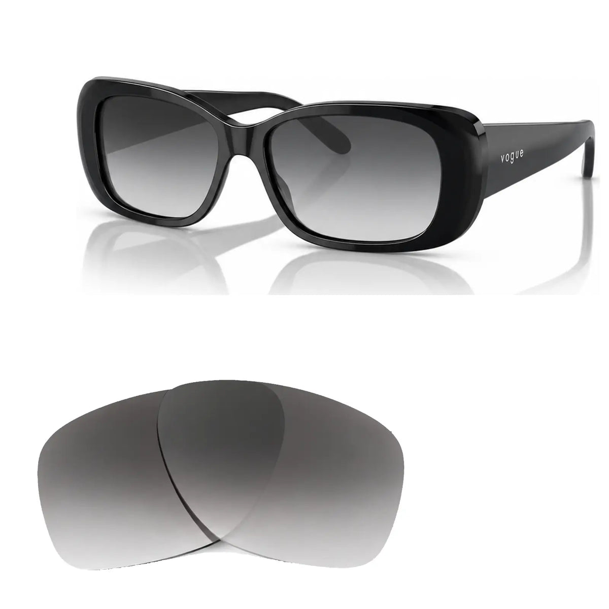Vogue VO2606S replacement lenses in gradient gray, angled view of the frame with the pair of lenses below · ReFramed