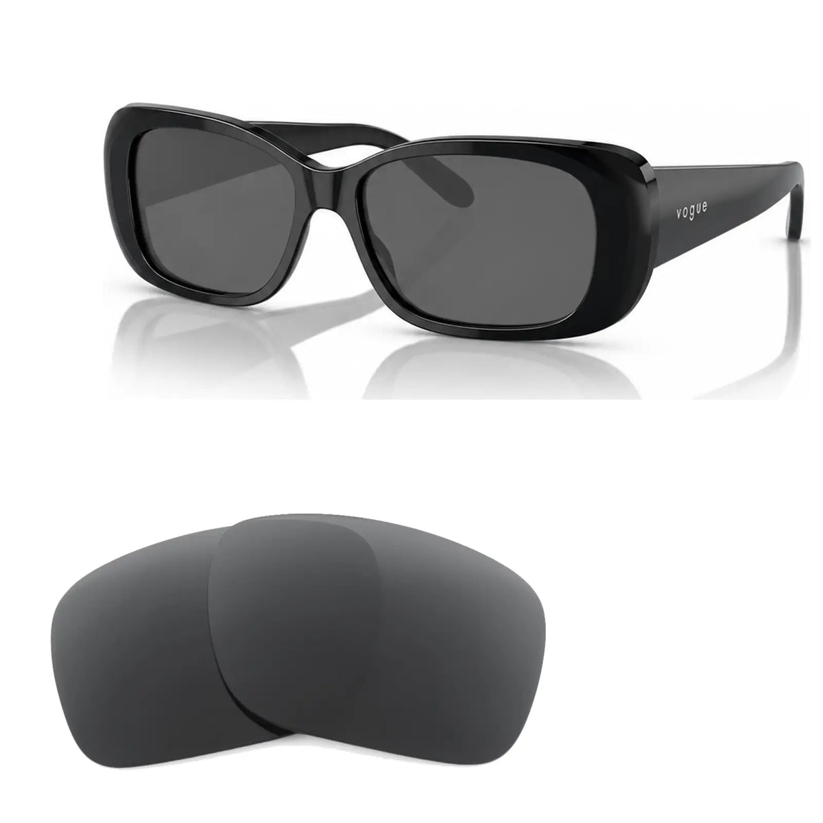 Vogue VO2606S replacement lenses in gray, angled view of the frame with the pair of lenses below · ReFramed