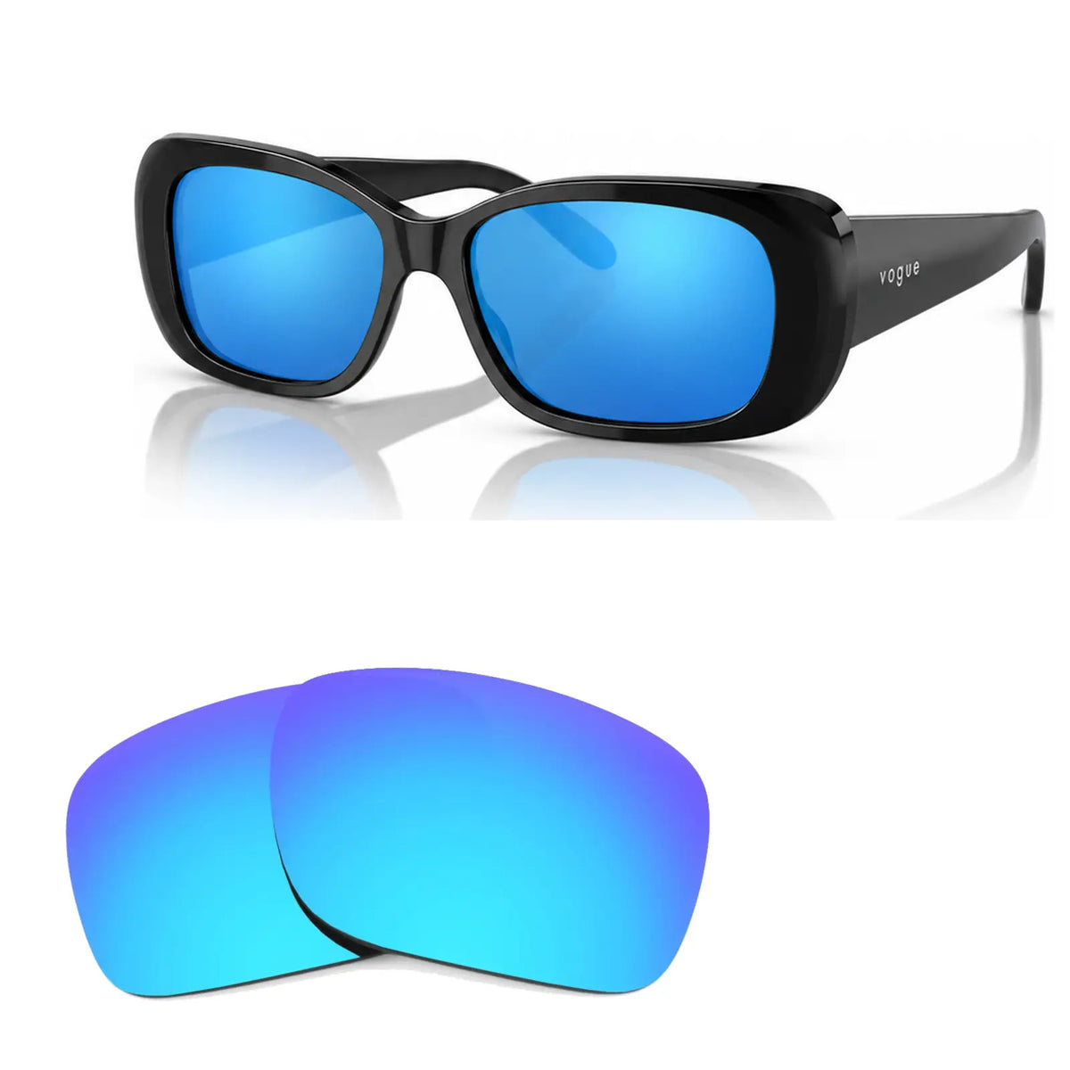 Vogue VO2606S replacement lenses in mirrored blue, angled view of the frame with the pair of lenses below · ReFramed