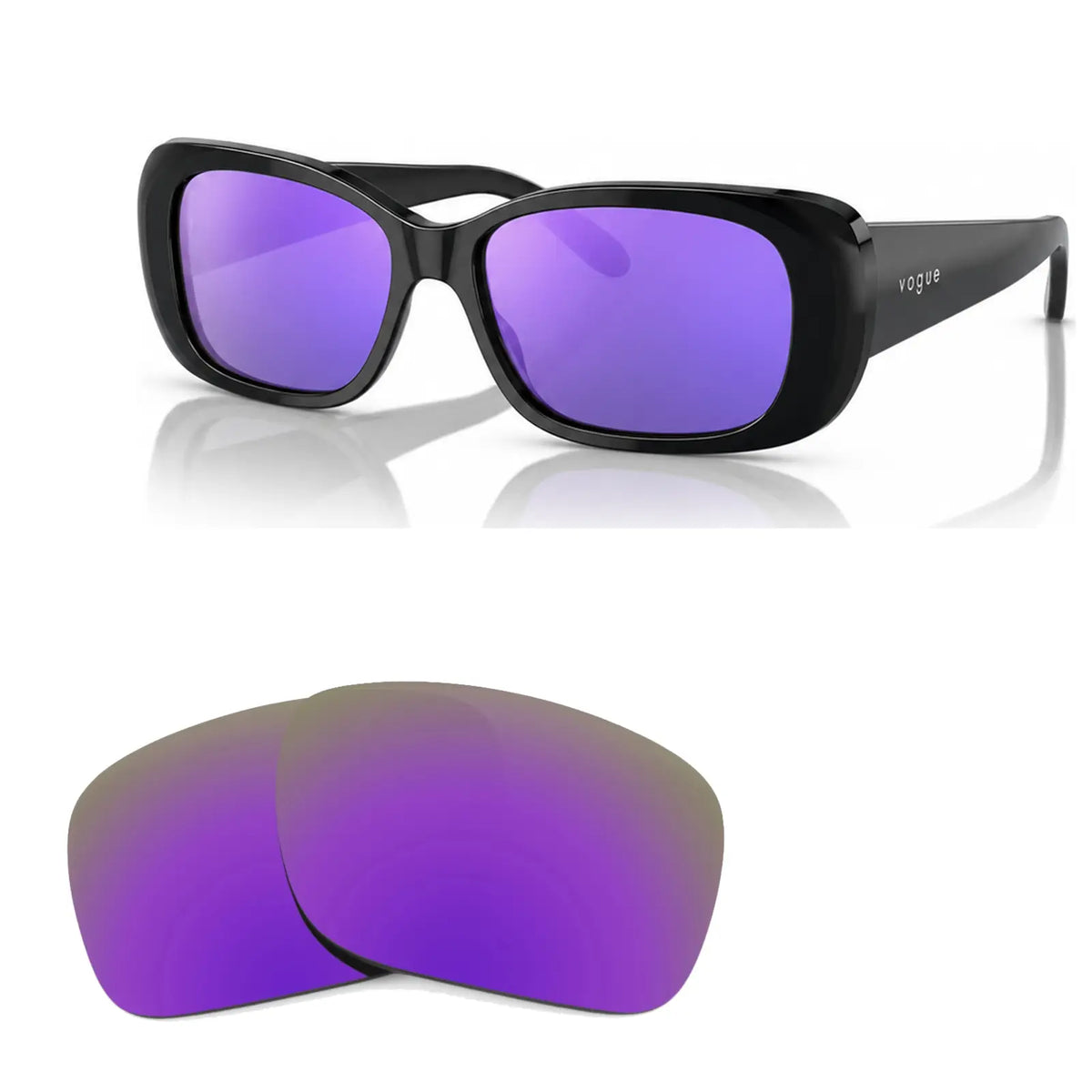 Vogue VO2606S replacement lenses in mirrored purple, angled view of the frame with the pair of lenses below · ReFramed