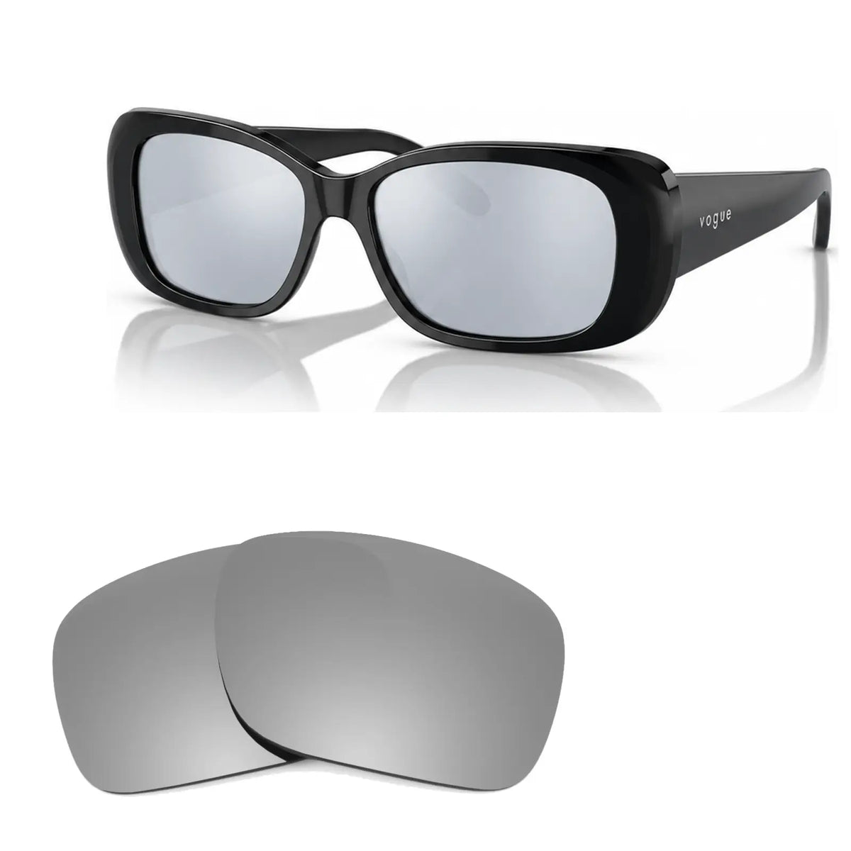 Vogue VO2606S replacement lenses in mirrored silver, angled view of the frame with the pair of lenses below · ReFramed