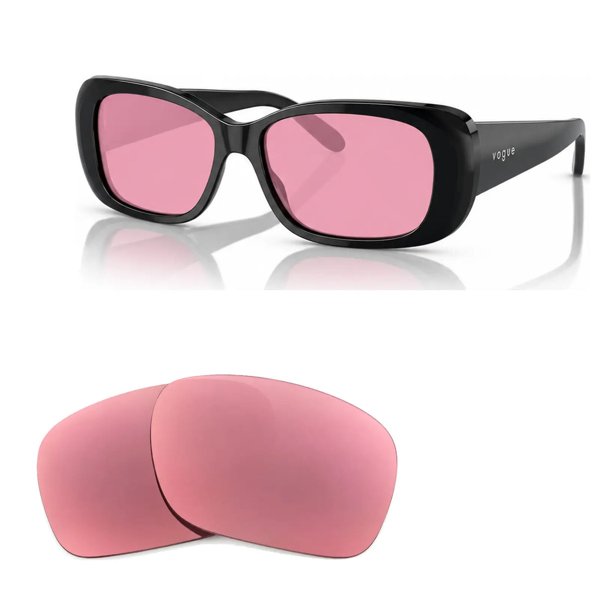 Vogue VO2606S replacement lenses in pink, angled view of the frame with the pair of lenses below · ReFramed