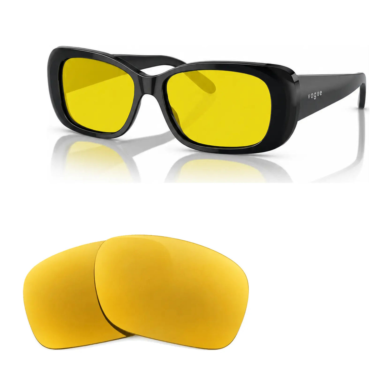 Vogue VO2606S replacement lenses in yellow, angled view of the frame with the pair of lenses below · ReFramed