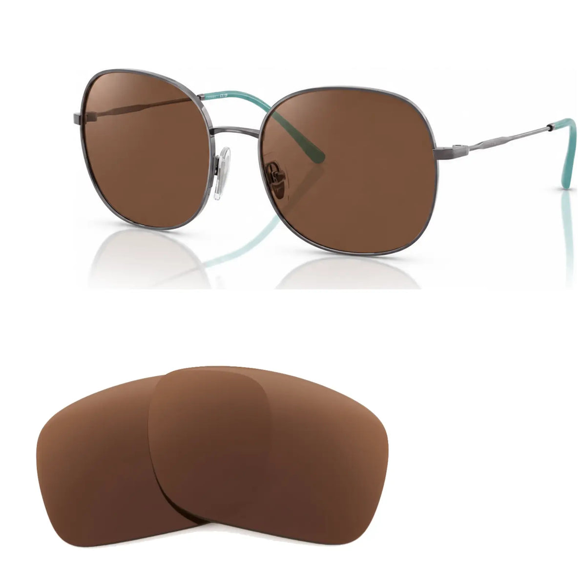 Vogue VO4272S replacement lenses in brown, angled view of the frame with the pair of lenses below · ReFramed