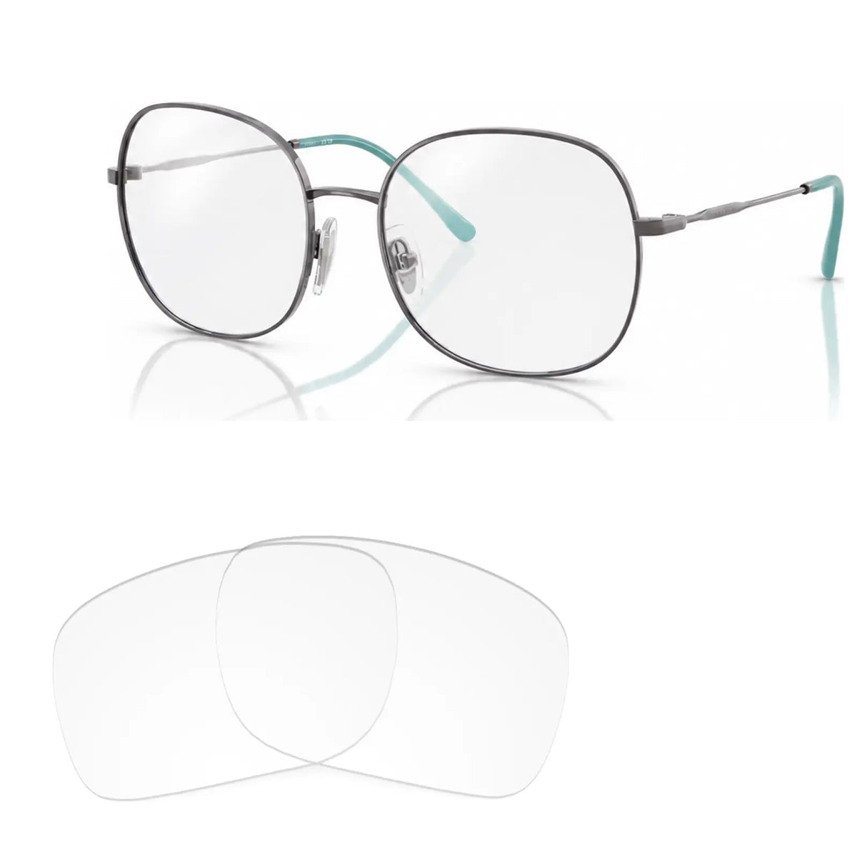 Vogue VO4272S replacement lenses in crystal clear, angled view of the frame with the pair of lenses below · ReFramed