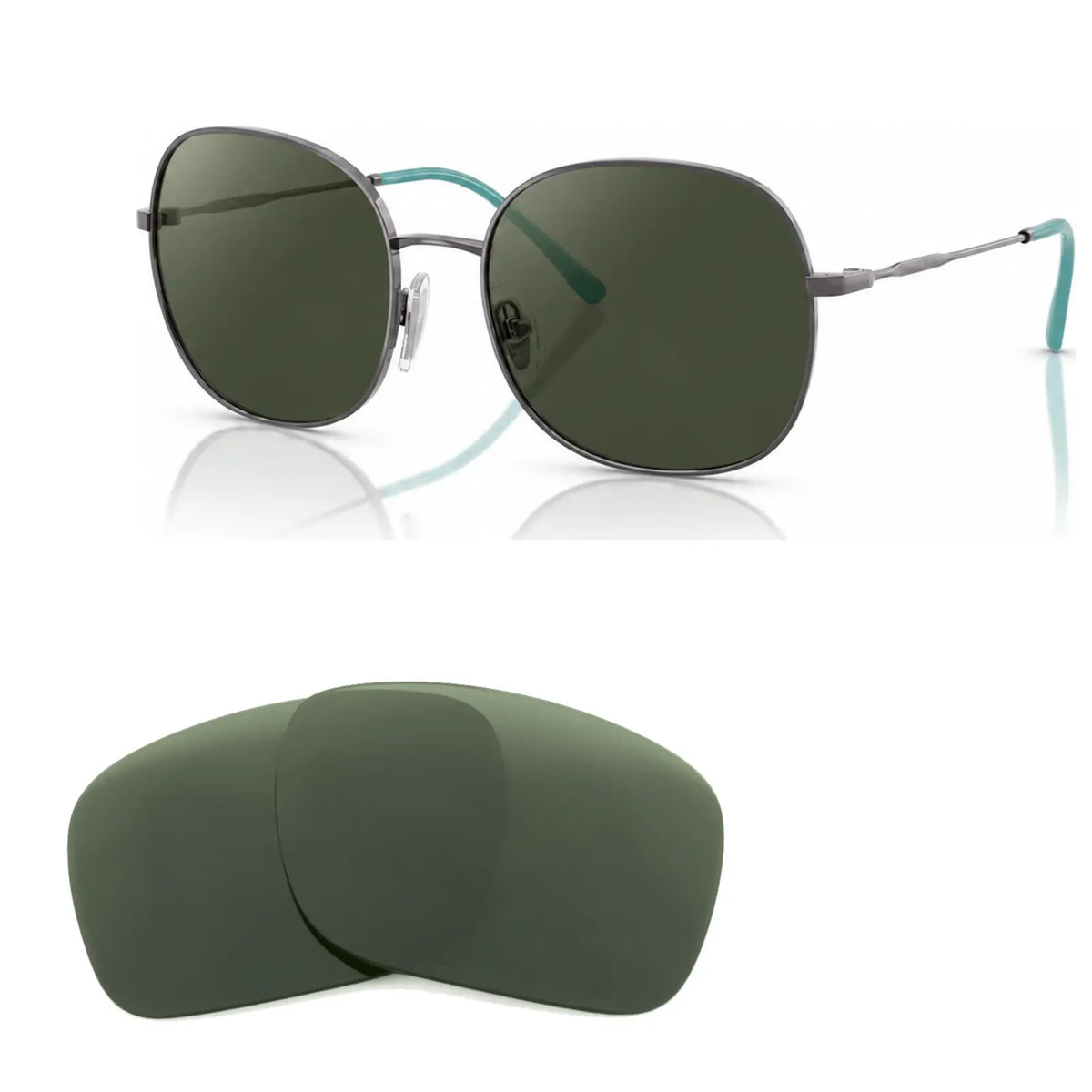 Vogue VO4272S replacement lenses in G15 green, angled view of the frame with the pair of lenses below · ReFramed