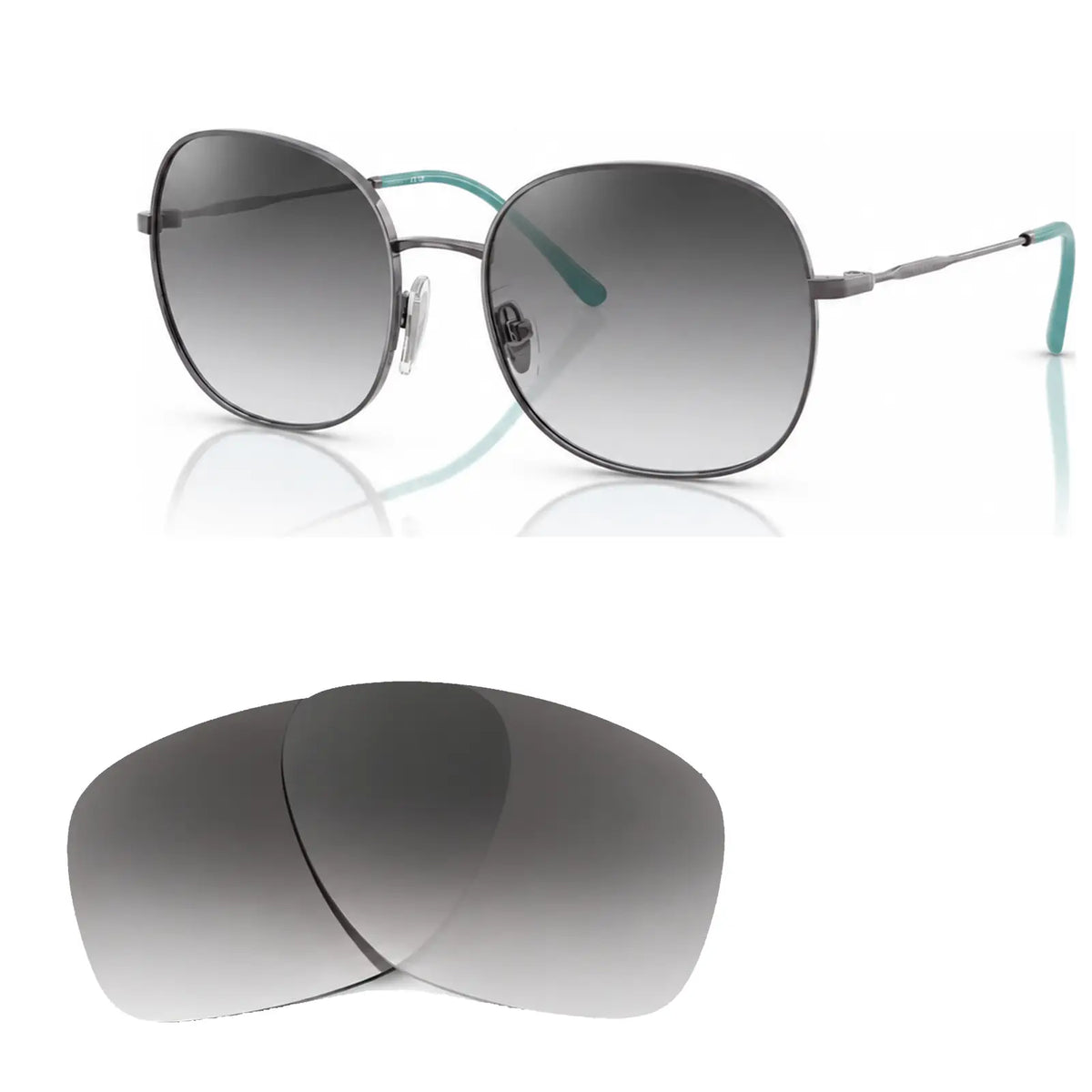 Vogue VO4272S replacement lenses in gradient gray, angled view of the frame with the pair of lenses below · ReFramed