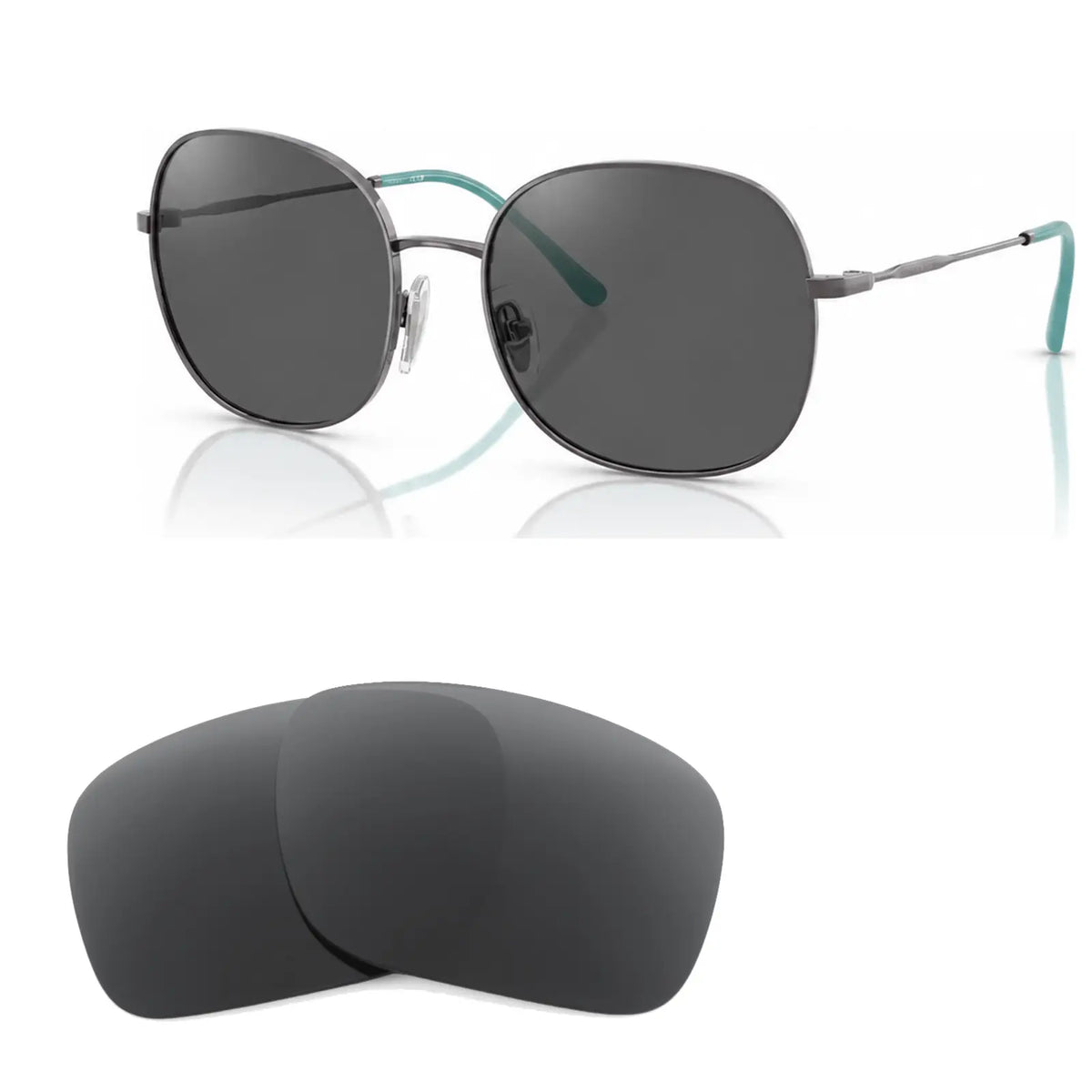 Vogue VO4272S replacement lenses in gray, angled view of the frame with the pair of lenses below · ReFramed