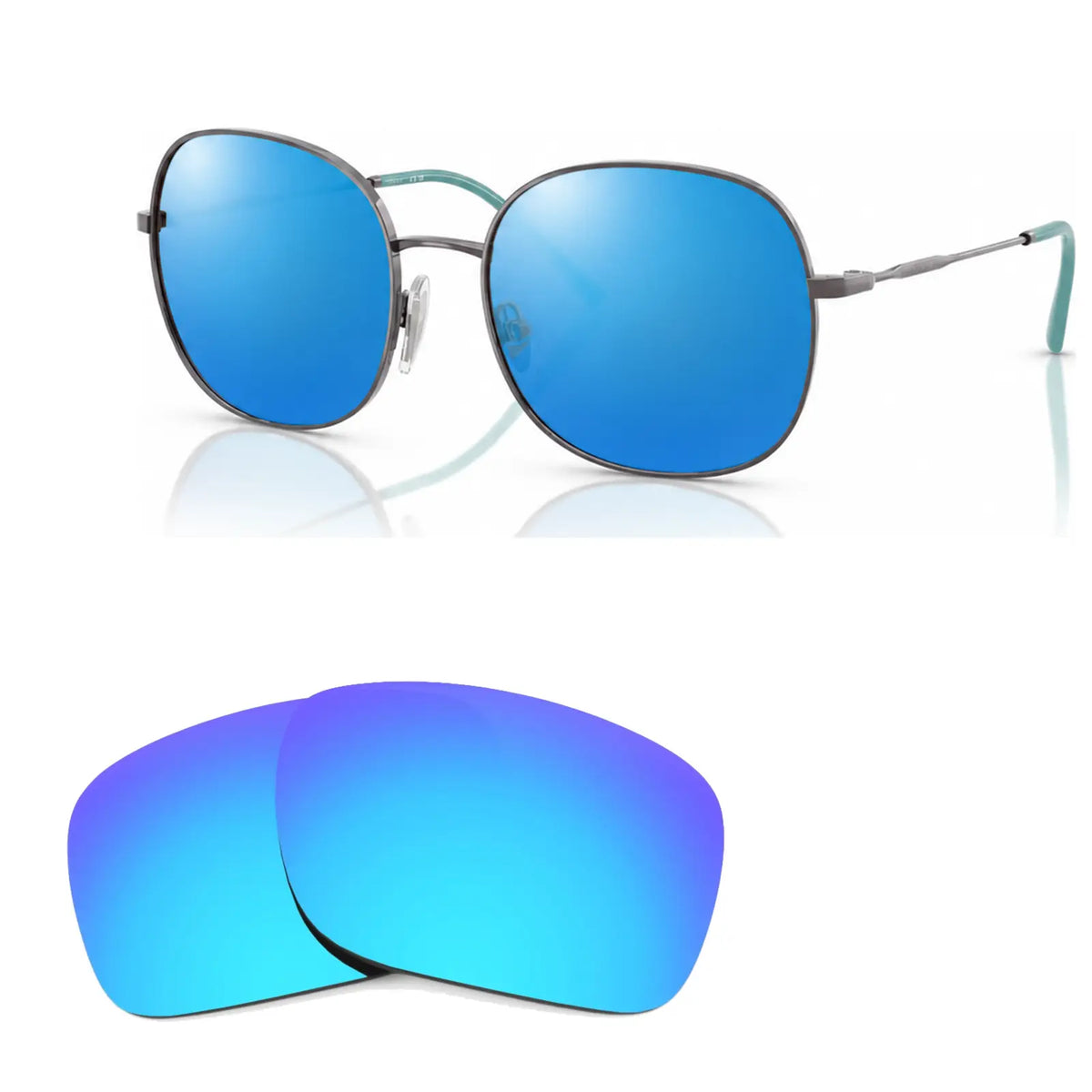 Vogue VO4272S replacement lenses in mirrored blue, angled view of the frame with the pair of lenses below · ReFramed