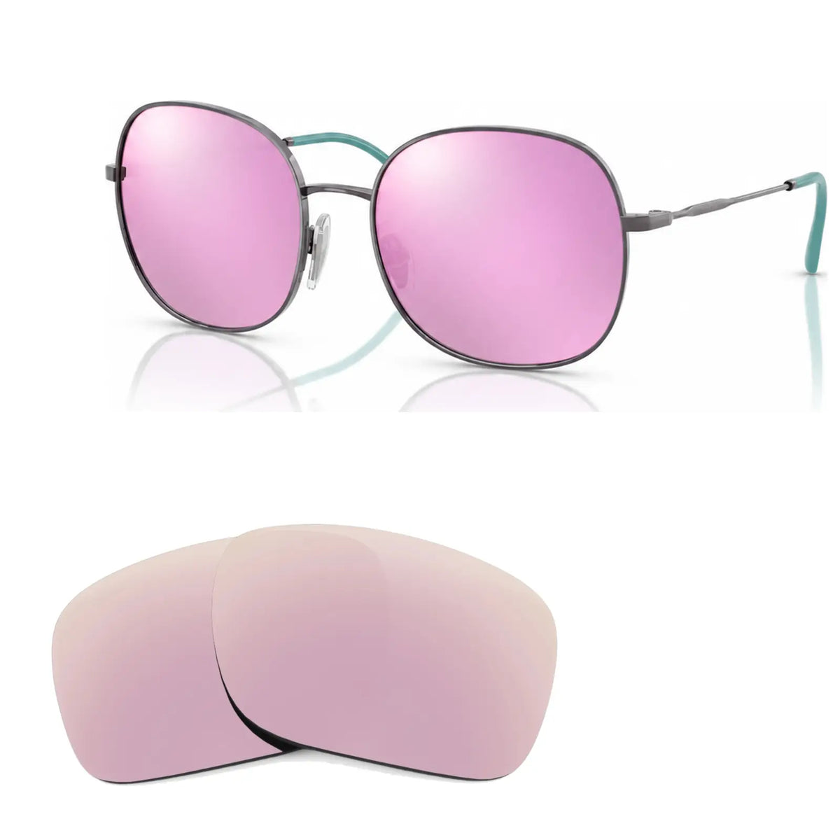 Vogue VO4272S replacement lenses in mirrored pink, angled view of the frame with the pair of lenses below · ReFramed