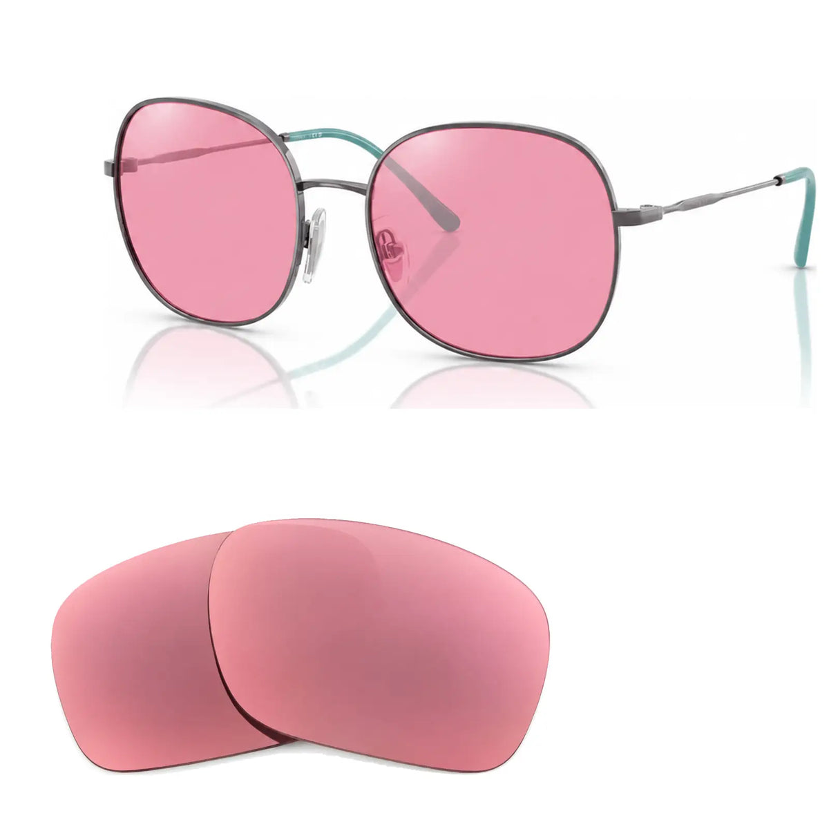 Vogue VO4272S replacement lenses in pink, angled view of the frame with the pair of lenses below · ReFramed