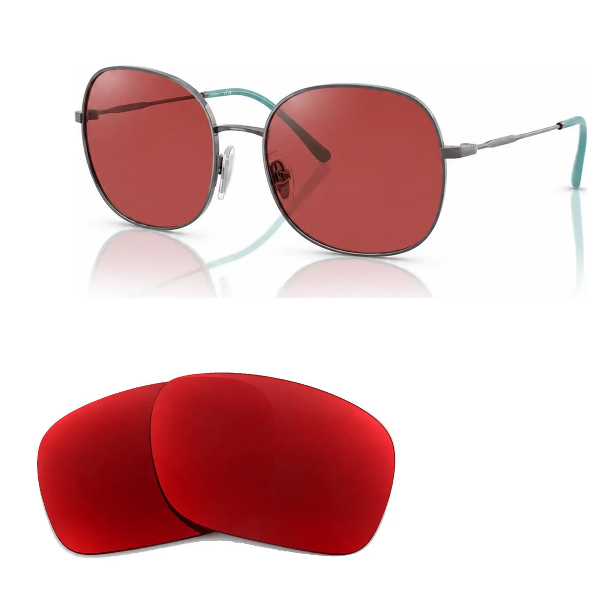 Vogue VO4272S replacement lenses in red, angled view of the frame with the pair of lenses below · ReFramed