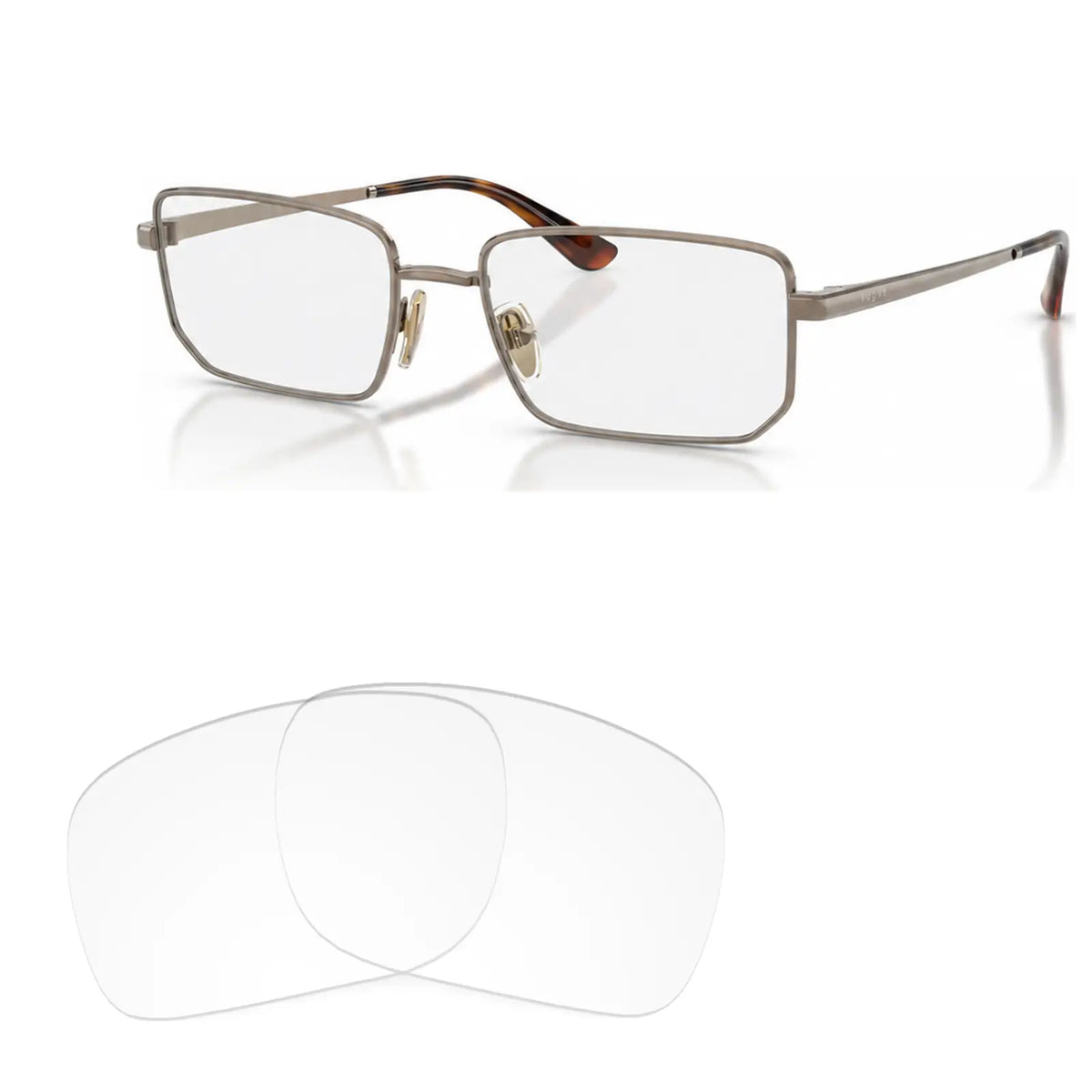 Vogue VO4352S replacement lenses in crystal clear, angled view of the frame with the pair of lenses below · ReFramed
