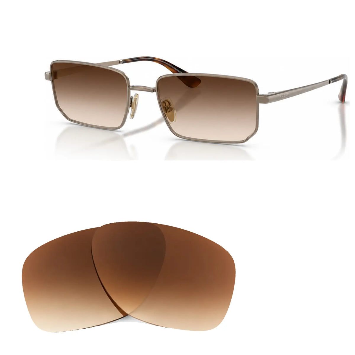 Vogue VO4352S replacement lenses in gradient brown, angled view of the frame with the pair of lenses below · ReFramed