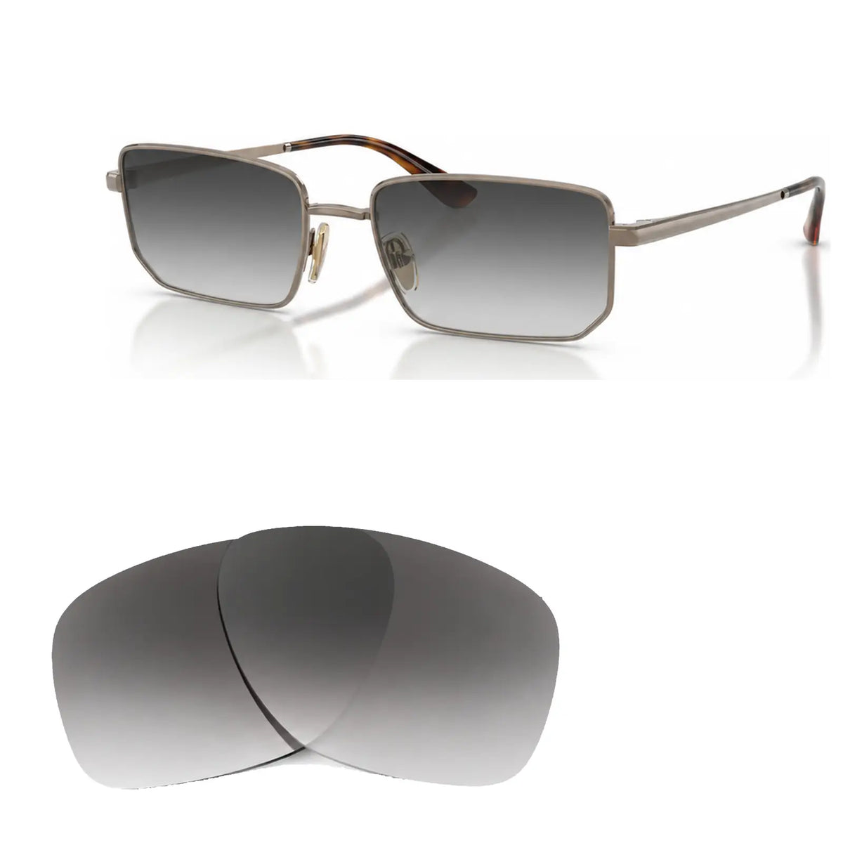 Vogue VO4352S replacement lenses in gradient gray, angled view of the frame with the pair of lenses below · ReFramed