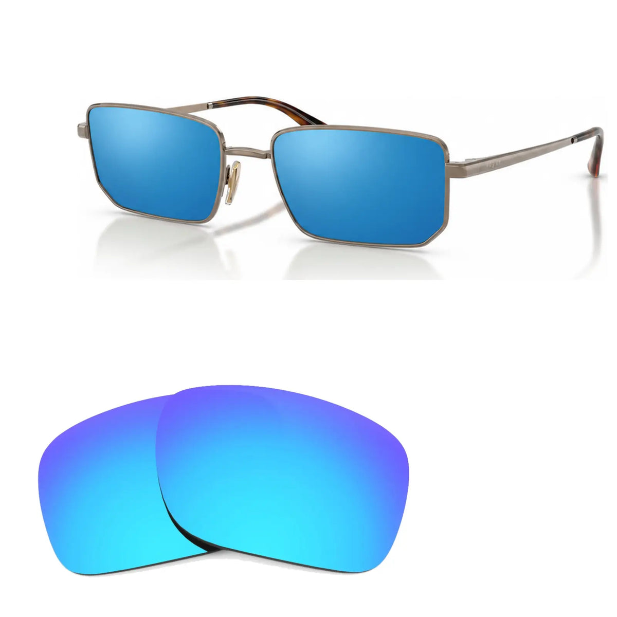 Vogue VO4352S replacement lenses in mirrored blue, angled view of the frame with the pair of lenses below · ReFramed