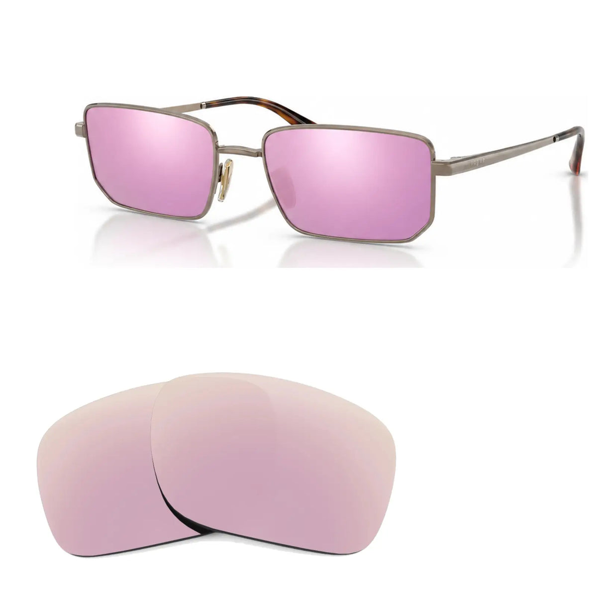 Vogue VO4352S replacement lenses in mirrored pink, angled view of the frame with the pair of lenses below · ReFramed