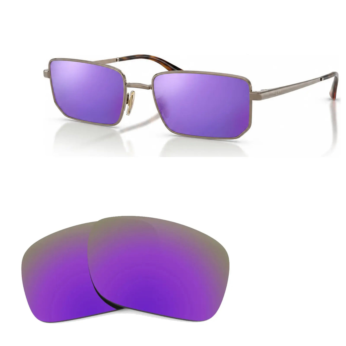 Vogue VO4352S replacement lenses in mirrored purple, angled view of the frame with the pair of lenses below · ReFramed