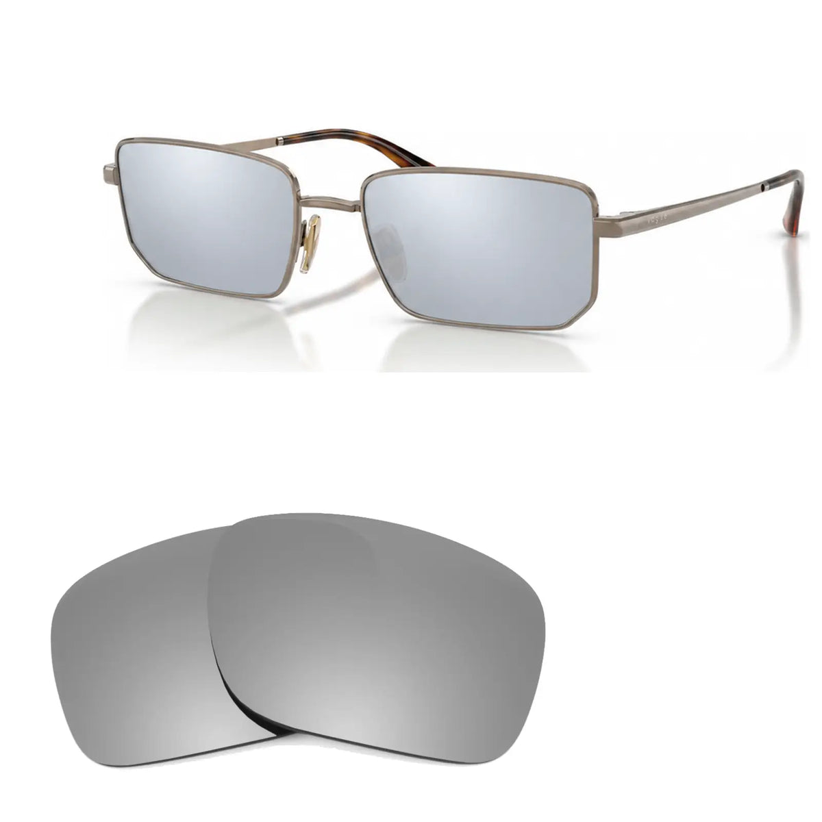 Vogue VO4352S replacement lenses in mirrored silver, angled view of the frame with the pair of lenses below · ReFramed