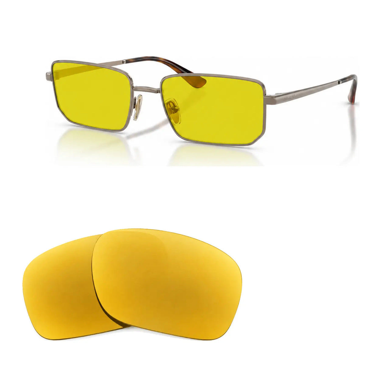 Vogue VO4352S replacement lenses in yellow, angled view of the frame with the pair of lenses below · ReFramed