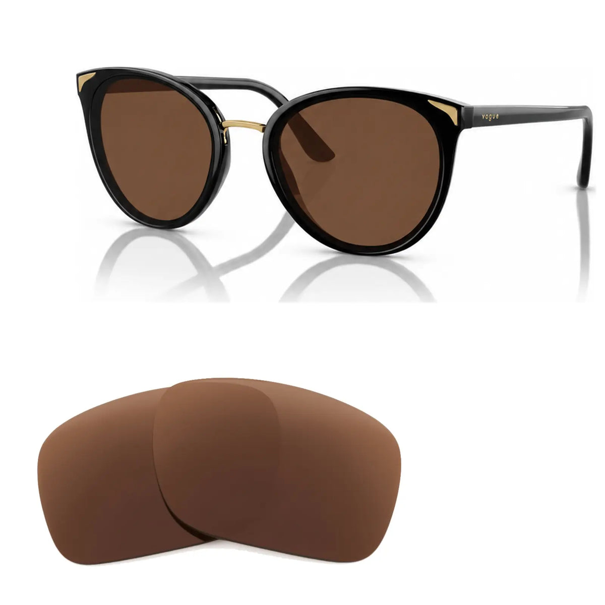 Vogue VO5230S replacement lenses in brown, angled view of the frame with the pair of lenses below · ReFramed
