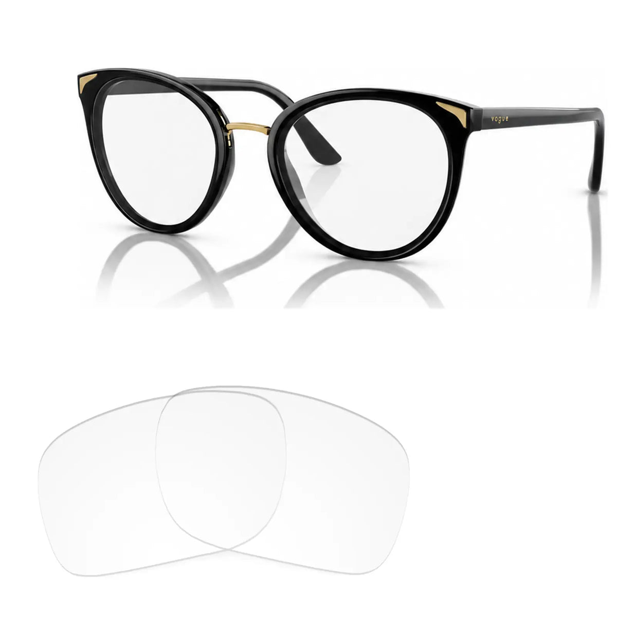 Vogue VO5230S replacement lenses in crystal clear, angled view of the frame with the pair of lenses below · ReFramed