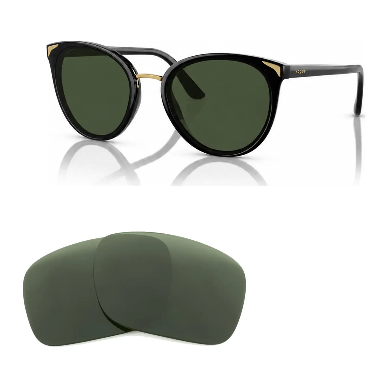 Vogue VO5230S replacement lenses in G15 green, angled view of the frame with the pair of lenses below · ReFramed