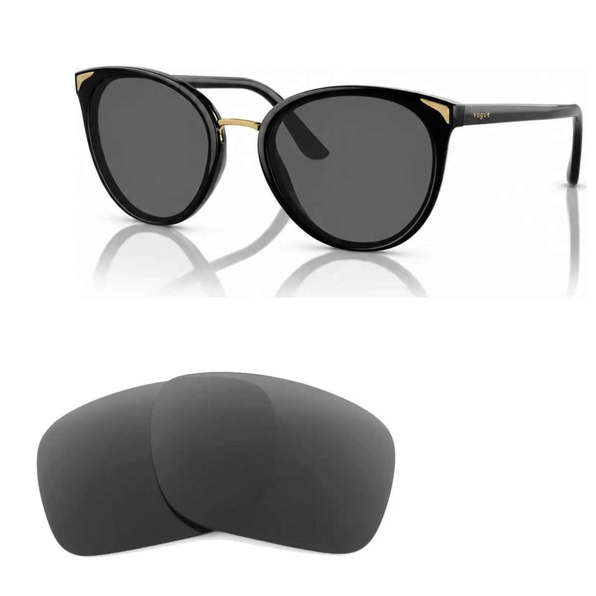 Vogue VO5230S replacement lenses in gray, angled view of the frame with the pair of lenses below · ReFramed