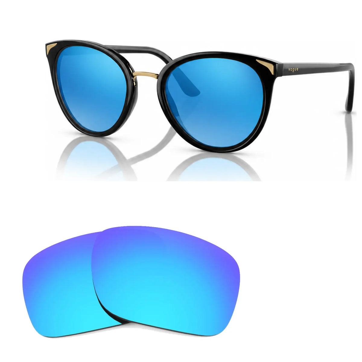 Vogue VO5230S replacement lenses in mirrored blue, angled view of the frame with the pair of lenses below · ReFramed