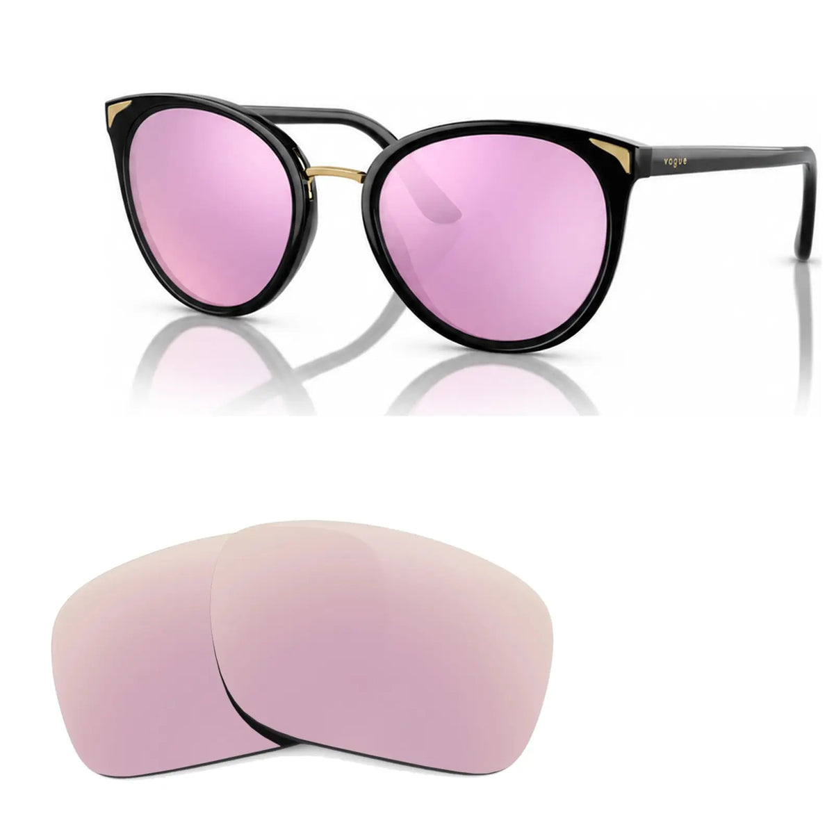 Vogue VO5230S replacement lenses in mirrored pink, angled view of the frame with the pair of lenses below · ReFramed