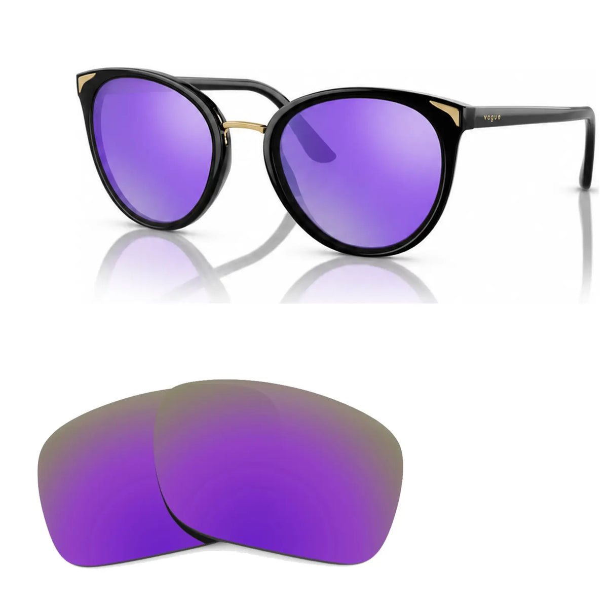 Vogue VO5230S replacement lenses in mirrored purple, angled view of the frame with the pair of lenses below · ReFramed