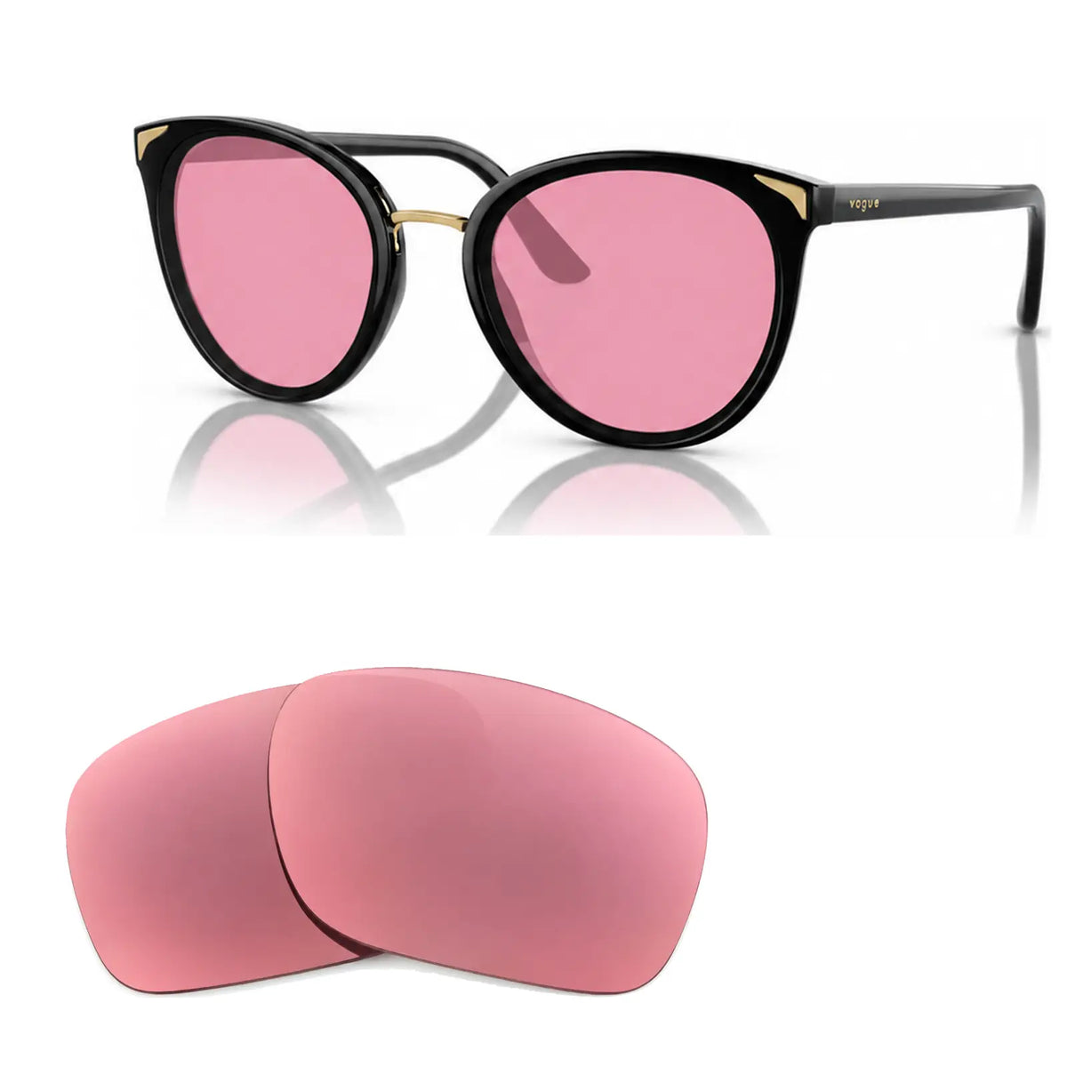 Vogue VO5230S replacement lenses in pink, angled view of the frame with the pair of lenses below · ReFramed