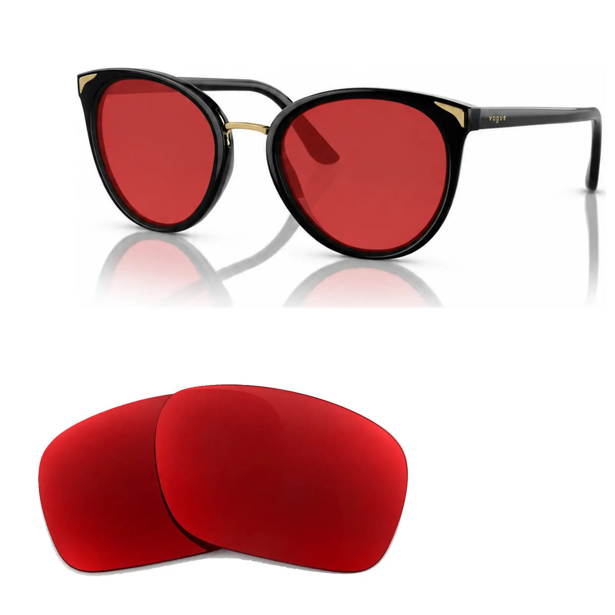 Vogue VO5230S replacement lenses in red, angled view of the frame with the pair of lenses below · ReFramed