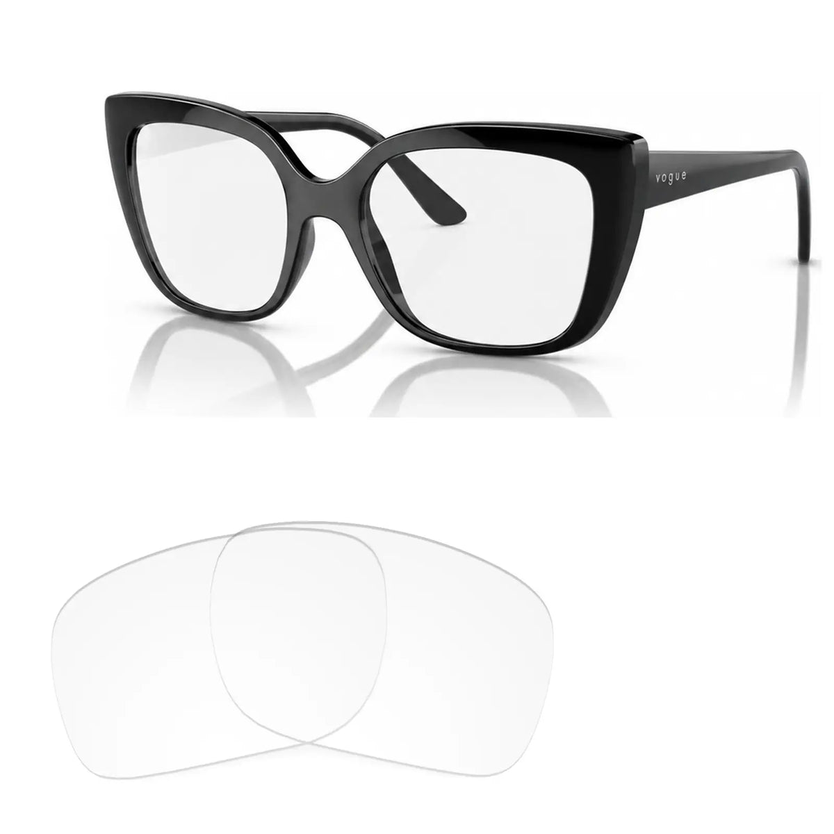 Vogue VO5337S replacement lenses in crystal clear, angled view of the frame with the pair of lenses below · ReFramed