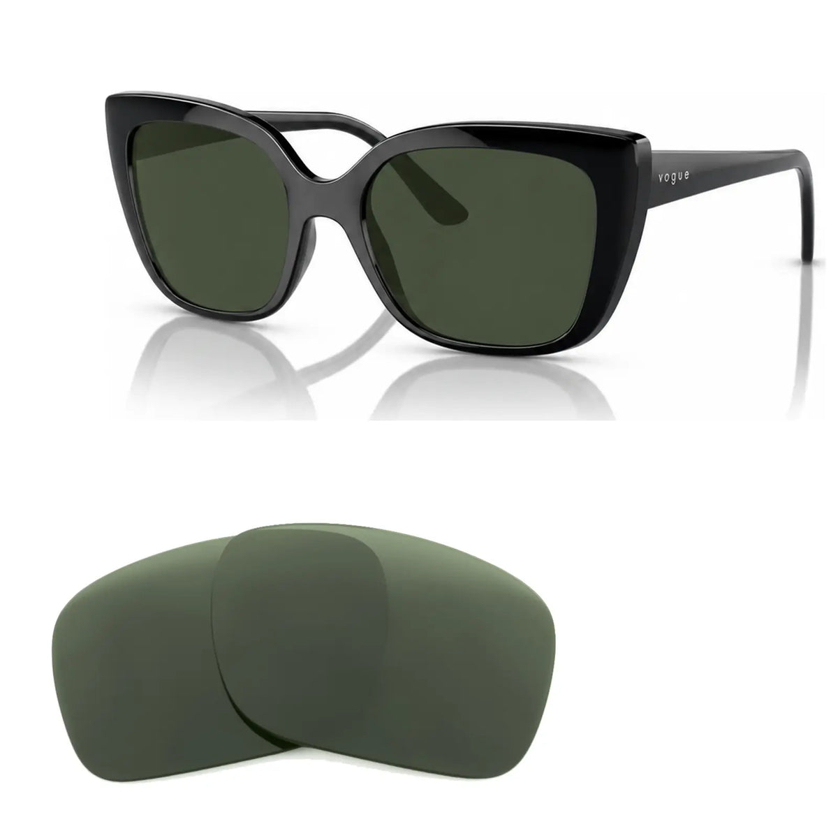 Vogue VO5337S replacement lenses in G15 green, angled view of the frame with the pair of lenses below · ReFramed